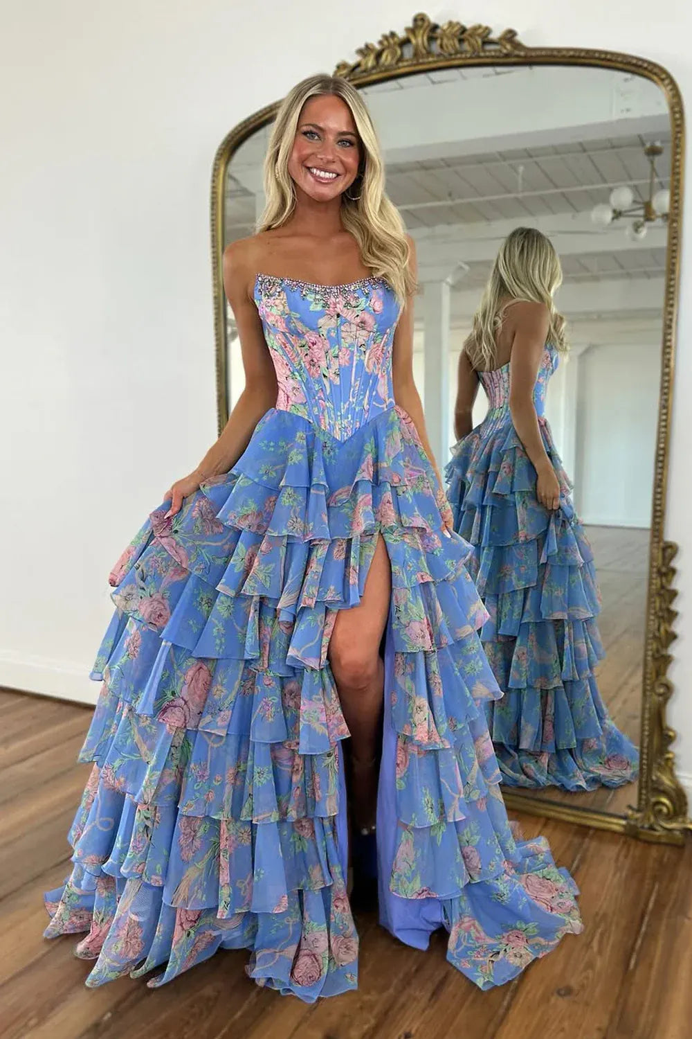 Floral Tiered Ball Strapless Rhinestone Corset Zip Slit Train Prom Gown