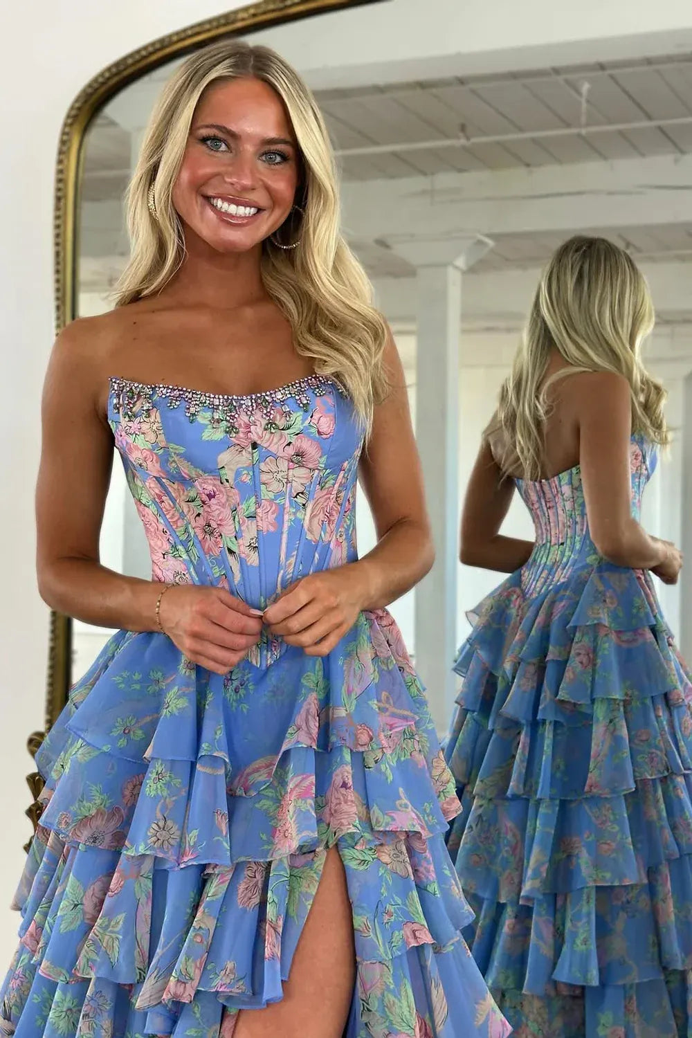 Floral Tiered Ball Strapless Rhinestone Corset Zip Slit Train Prom Gown