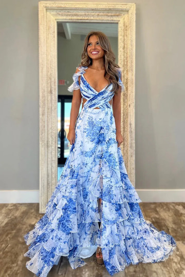 Floral Tiered Maxi Cross V Ruffle Strap Cutout Open Back Slit Train Formal Gown