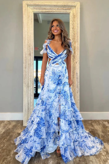 Floral Tiered Maxi Cross V Ruffle Strap Cutout Open Back Slit Train Formal Gown