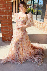 Floral Tulle Two-Piece Puff Sleeve Floor-Length Prom Gown