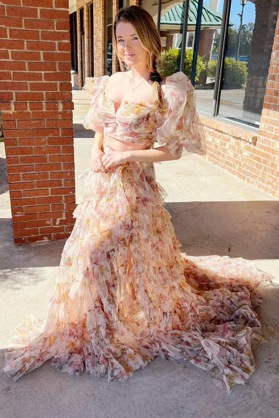 Floral Tulle Two-Piece Puff Sleeve Floor-Length Prom Gown