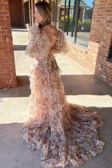 Floral Tulle Two-Piece Puff Sleeve Floor-Length Prom Gown