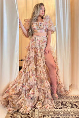 Floral Tulle Two-Piece Puff Sleeve Floor-Length Prom Gown