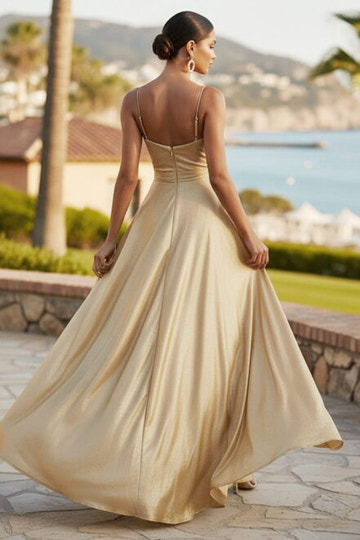 Flowy A Line Cowl Neck Satin Floor Length High Slit Maxi Dress