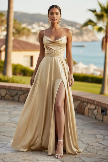 Flowy A Line Cowl Neck Satin Floor Length High Slit Maxi Dress