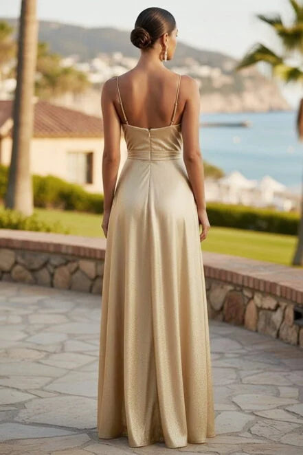 Flowy A Line Cowl Neck Satin Floor Length High Slit Maxi Dress