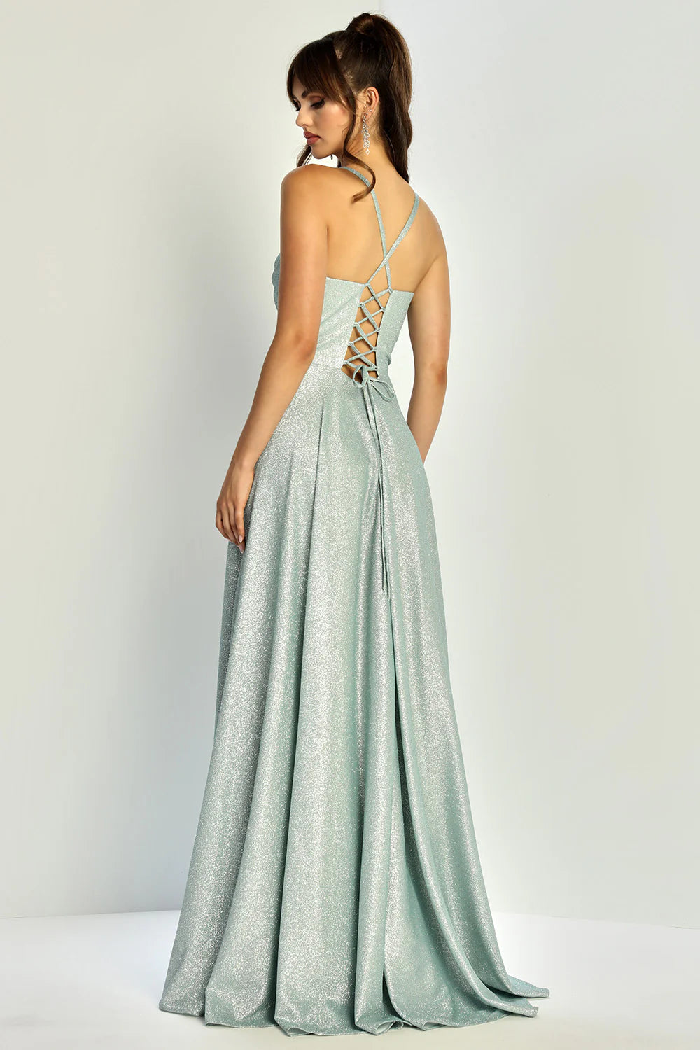 Vestido de Fiesta/Dama de Honor con Brillos, Corte en A Fluido, Cuello Desbocado, Tirantes Delgados, Corsé y Abertura