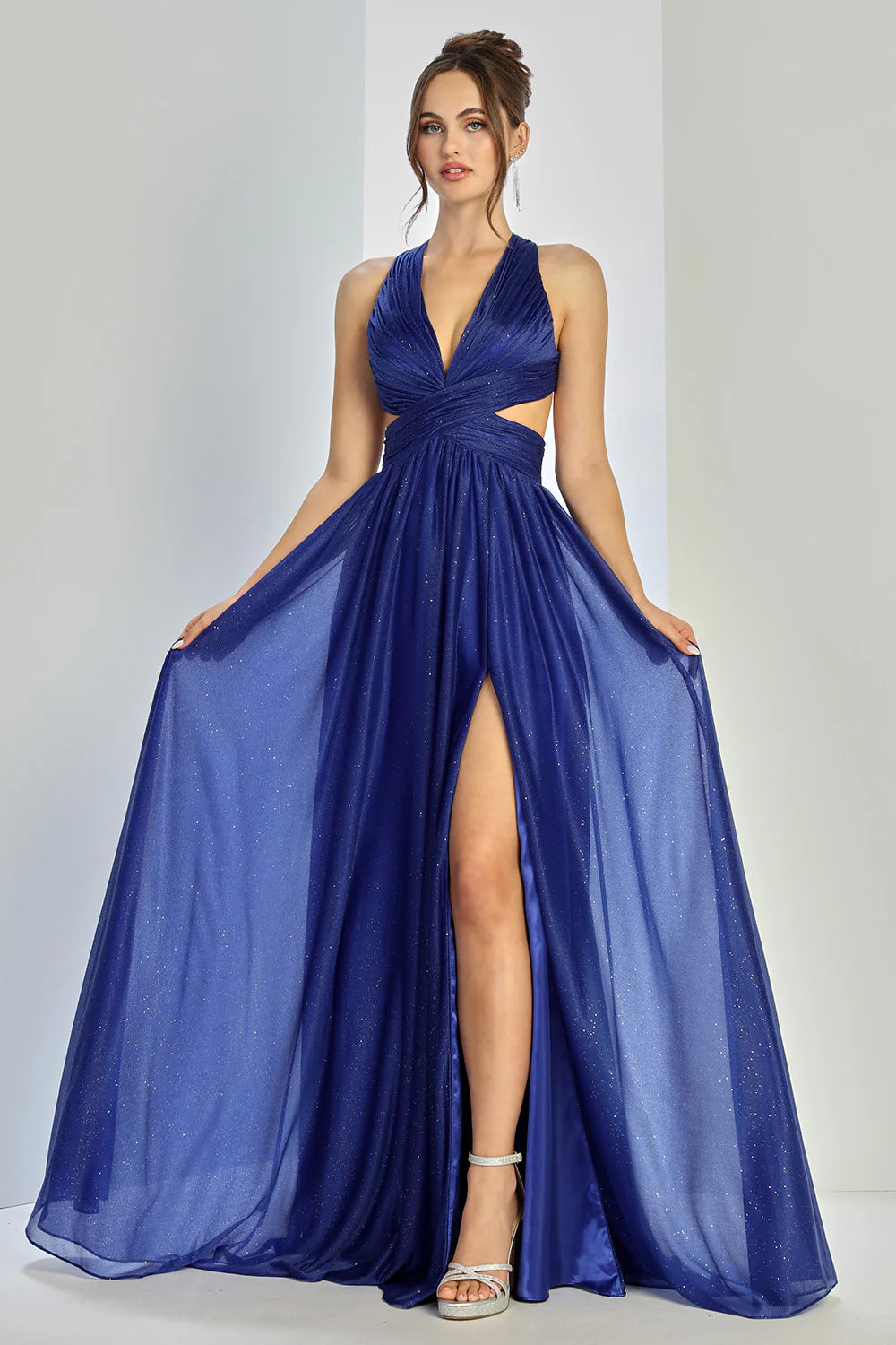 Flowy A-Line Halter Sleeveless Glitter Floor-Length Cutout Slit Evening Dress