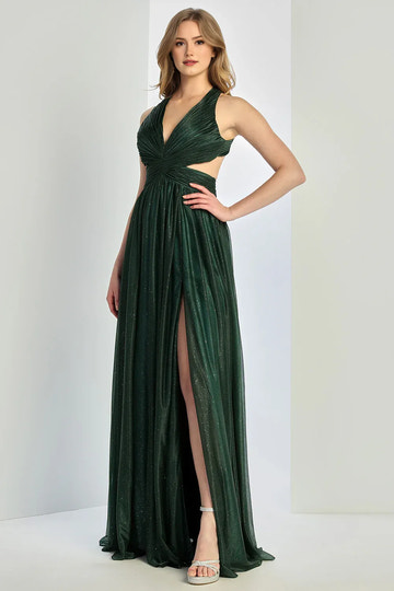 Flowy A-Line Halter Sleeveless Glitter Floor-Length Cutout Slit Evening Dress