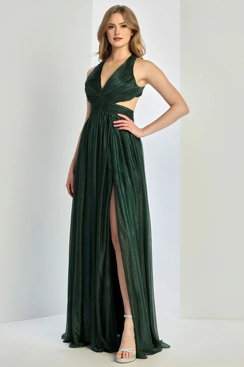 Flowy A-Line Halter Sleeveless Glitter Floor-Length Cutout Slit Evening Dress