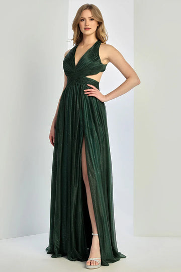 Flowy A-Line Halter Sleeveless Glitter Floor-Length Cutout Slit Evening Dress
