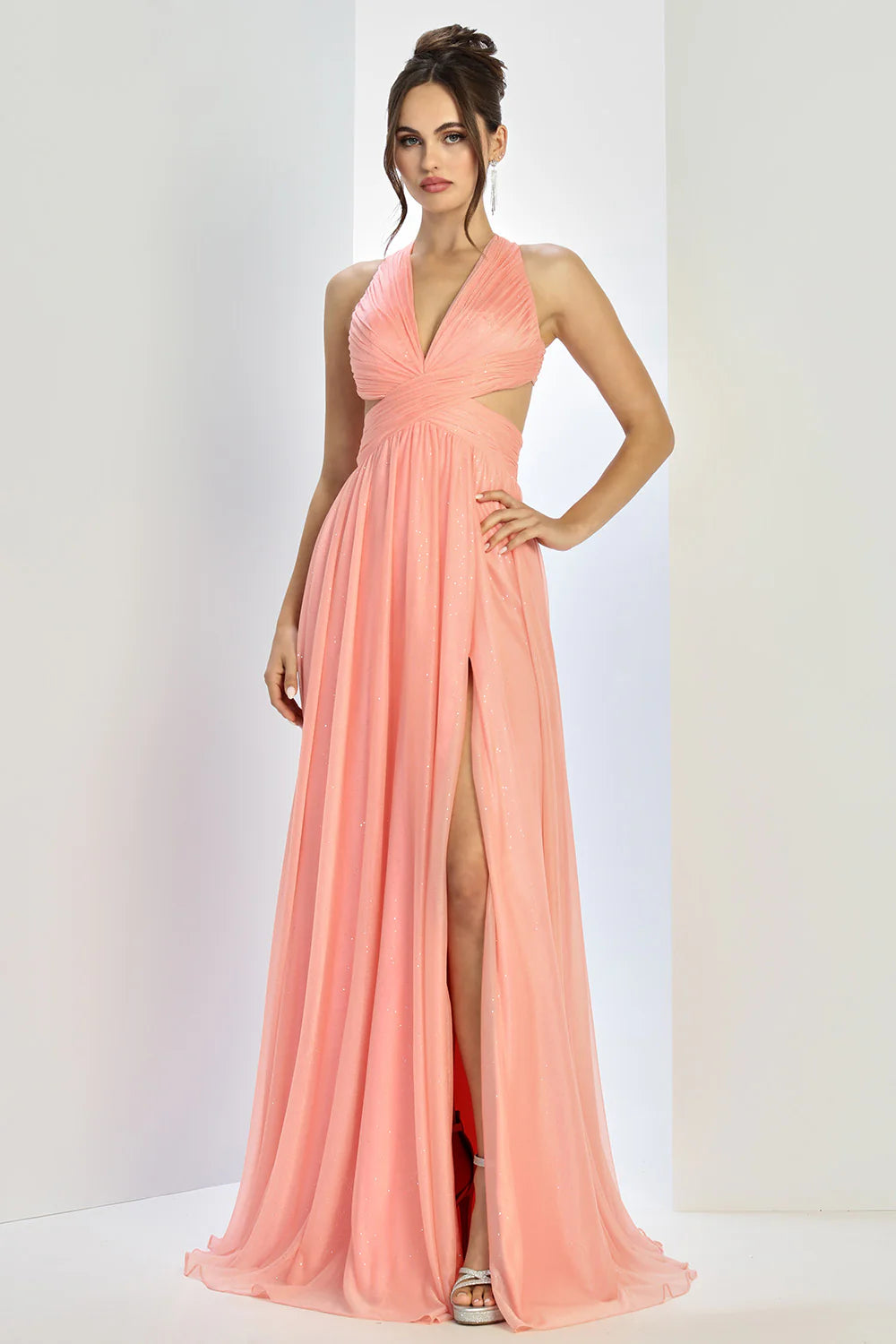 Flowy A-Line Halter Sleeveless Glitter Floor-Length Cutout Slit Evening Dress