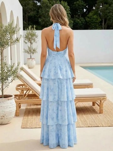 Back view blue tie‑dye tiered bridesmaid maxi dress,open‑back halter neck bow tie and hidden centre‑back zipper