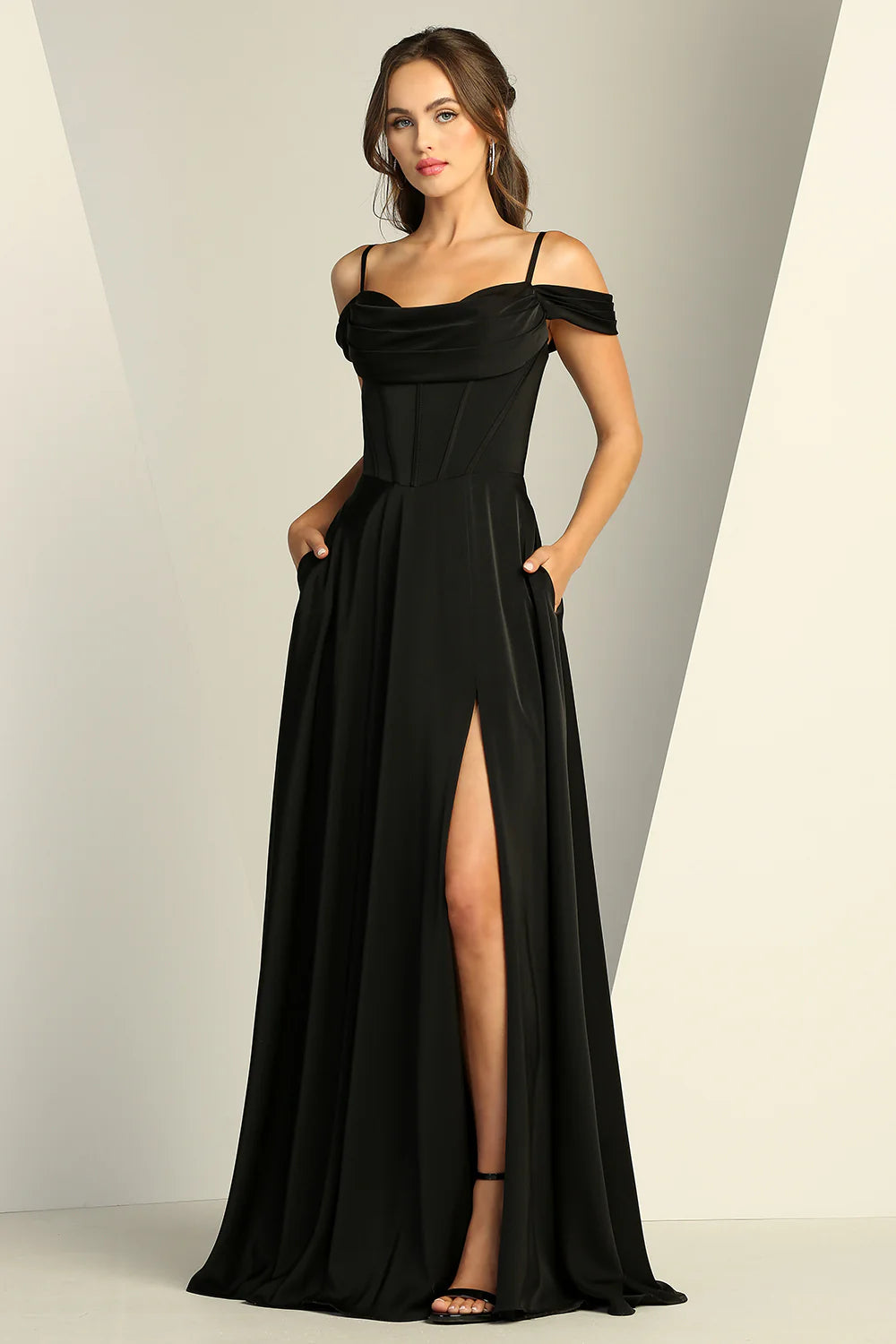Flowy A-Line Off-The-Shoulder Sleeveless Satin Floor-Length Corset Slit Bridesmaids Dress