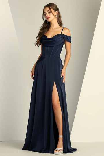 Flowy A-Line Off-The-Shoulder Sleeveless Satin Floor-Length Corset Slit Bridesmaids Dress