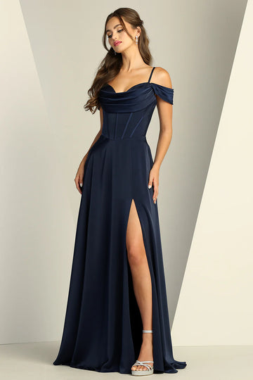 Flowy A-Line Off-The-Shoulder Sleeveless Satin Floor-Length Corset Slit Bridesmaids Dress