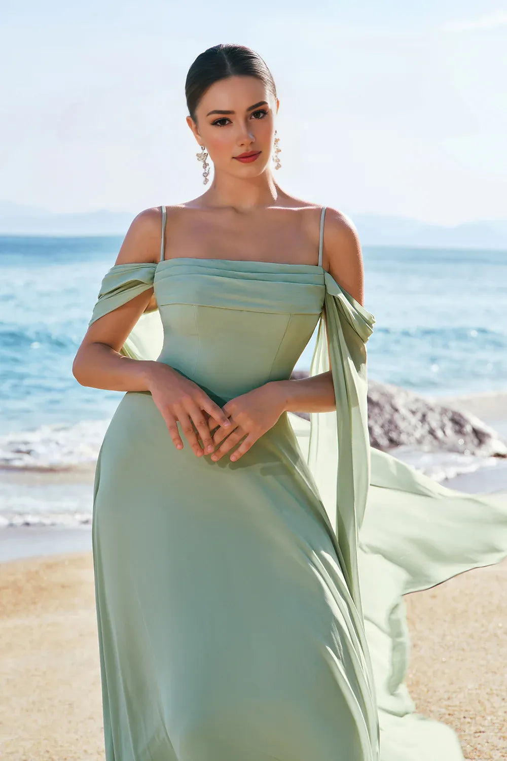 Flowy A-Line Off-the-Shoulder Chiffon Floor-Length Cape Sleeve Formal Dress