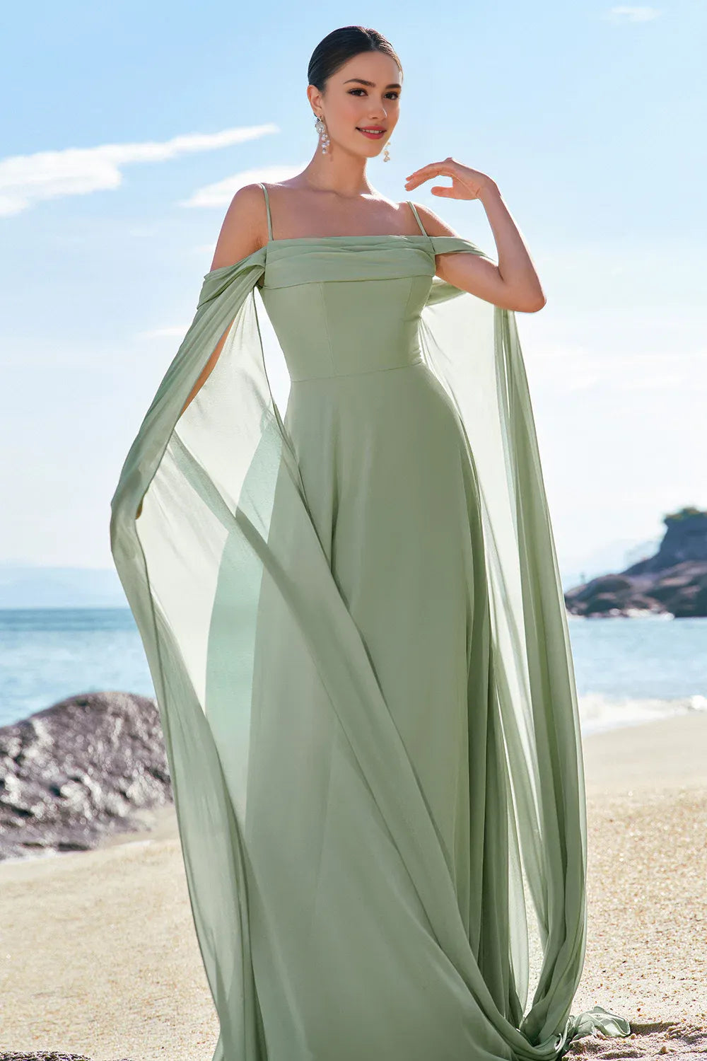 Flowy A-Line Off-the-Shoulder Chiffon Floor-Length Cape Sleeve Formal Dress
