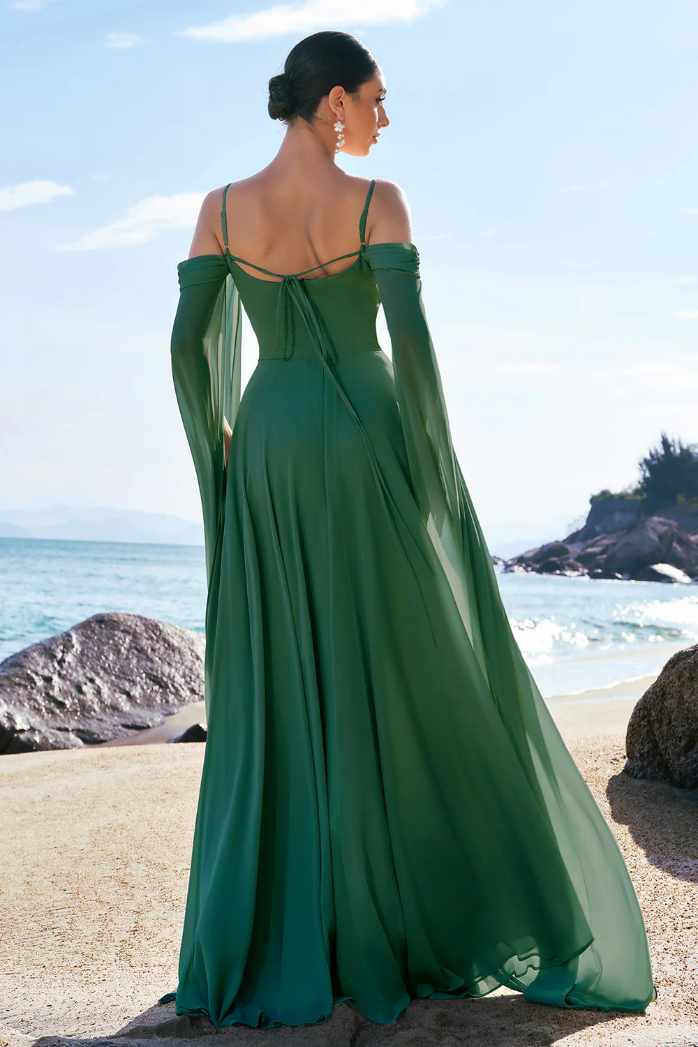 Flowy A-Line Off-the-Shoulder Chiffon Floor-Length Cape Sleeve Formal Dress