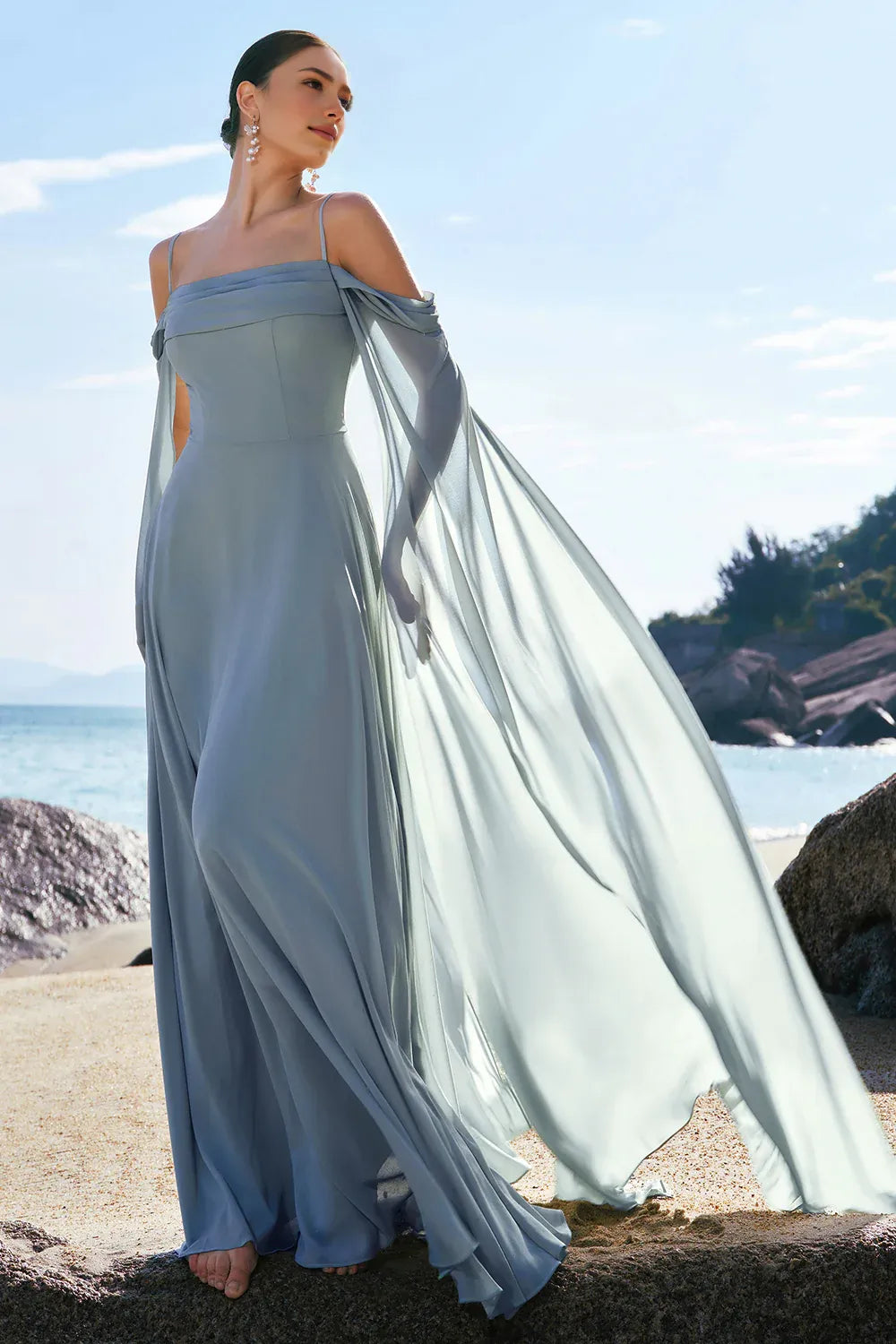 Flowy A-Line Off-the-Shoulder Chiffon Floor-Length Cape Sleeve Formal Dress