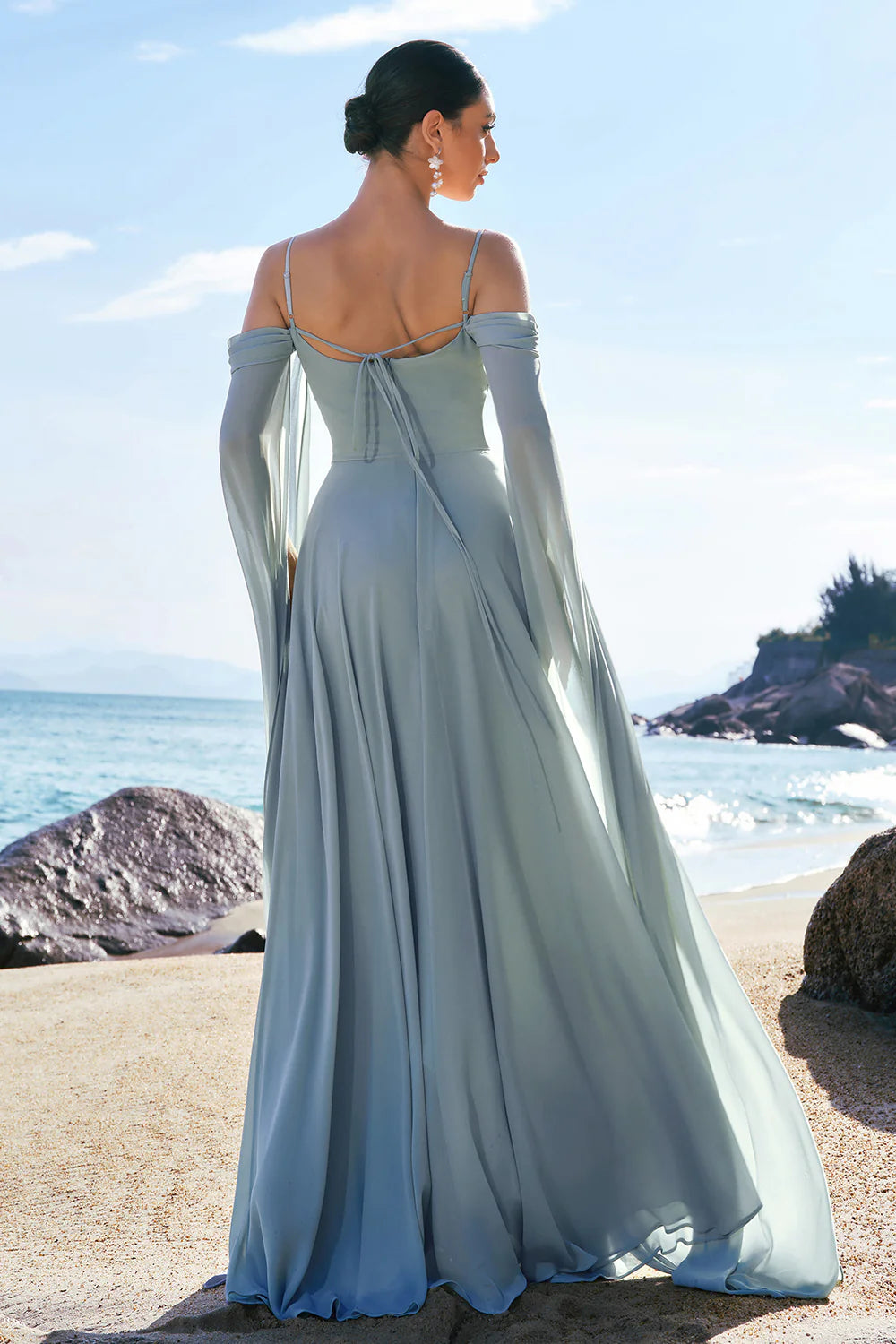 Flowy A-Line Off-the-Shoulder Chiffon Floor-Length Cape Sleeve Formal Dress