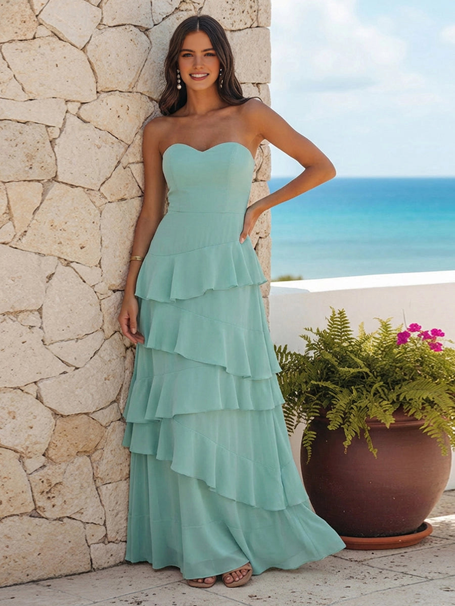 Vedress mint‑green strapless chiffon bridesmaid gown,sweetheart bust and asymmetrical tiered ruffle maxi skirt