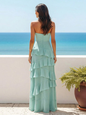 Back view mint strapless tiered bridesmaid long dress,solid open‑back with centre concealed zipper