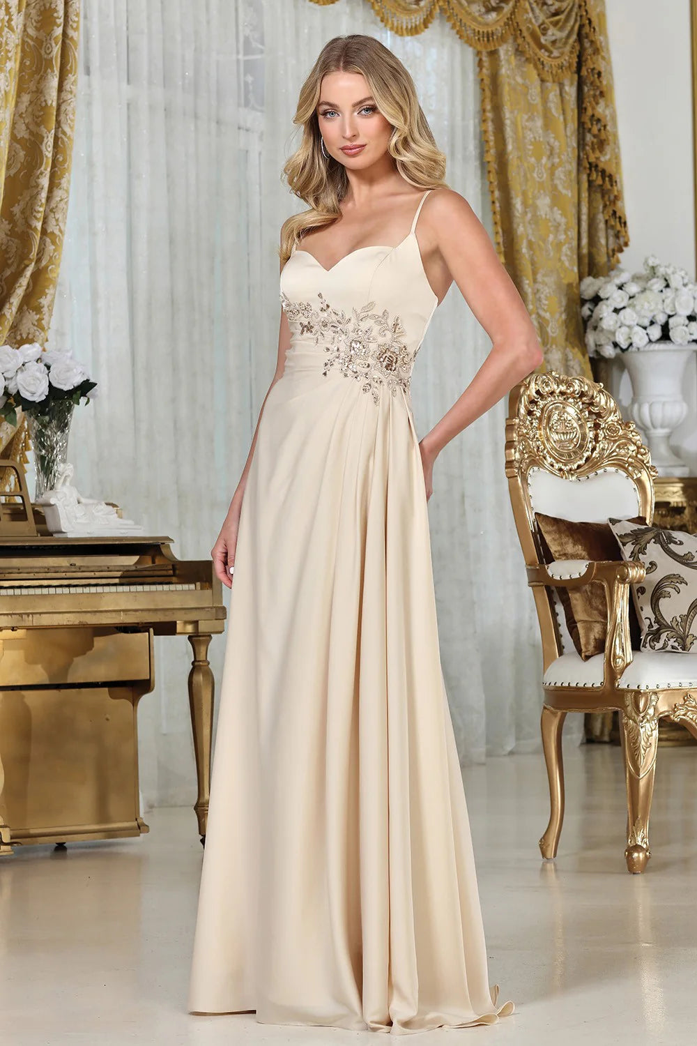 Flowy A-Line Sweetheart Spaghetti-Strap Satin Long Beaded Lace-Up Evening Dress