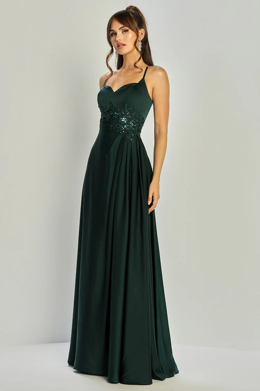 Flowy A-Line Sweetheart Spaghetti-Strap Satin Long Beaded Lace-Up Evening Dress