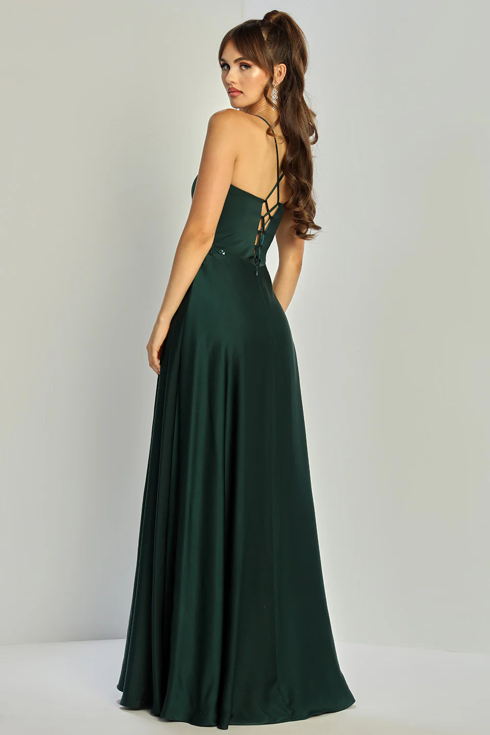 Flowy A-Line Sweetheart Spaghetti-Strap Satin Long Beaded Lace-Up Evening Dress