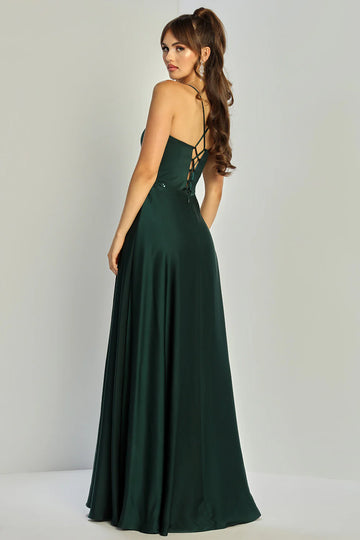 Flowy A-Line Sweetheart Spaghetti-Strap Satin Long Beaded Lace-Up Evening Dress