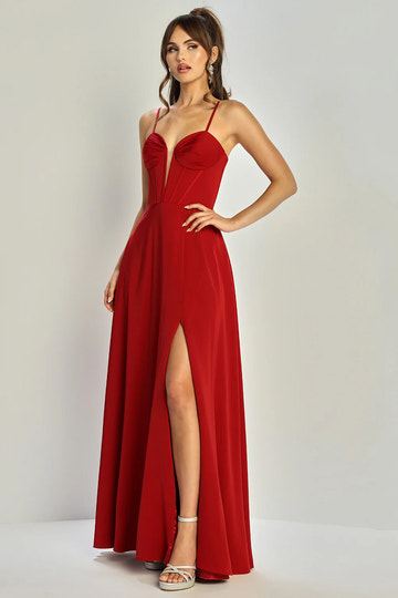 Flowy A-Line Sweetheart Spaghetti-Strap Satin Floor-Length Corset Slit Bridesmaids Dress