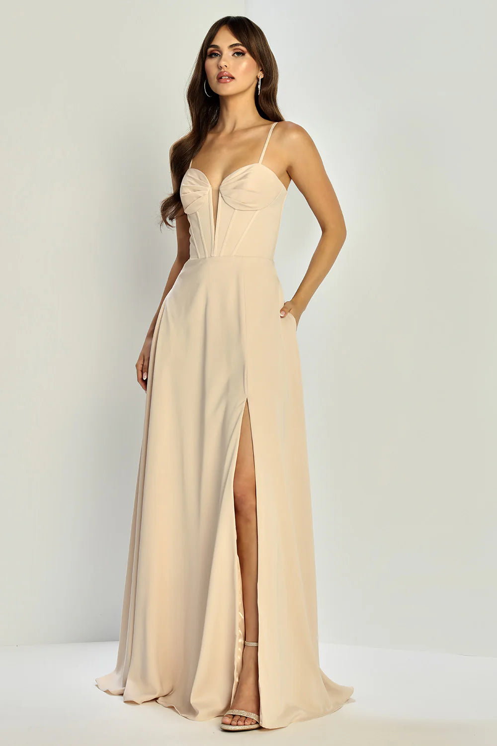 Flowy A-Line Sweetheart Spaghetti-Strap Satin Floor-Length Corset Slit Bridesmaids Dress