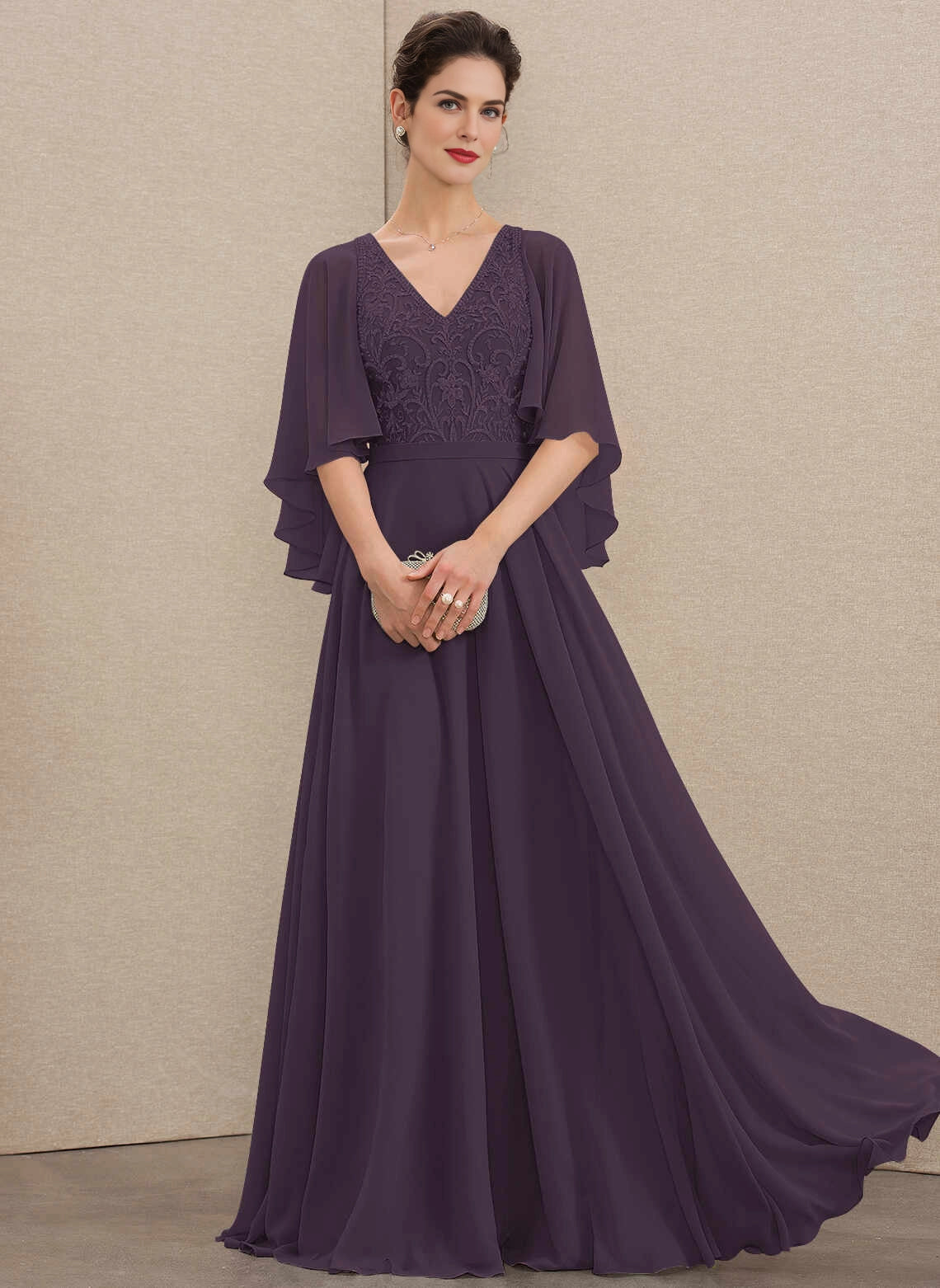 Vedress Purple V‑Neck Cape‑Sleeve Lace Chiffon Mother Dress Front View