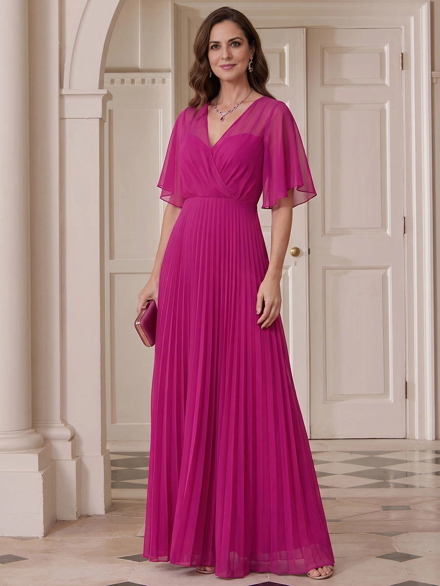 Vedress Fuchsia Pleated V‑Neck Flutter Sleeve Mother Of The Bride Dress Front View
