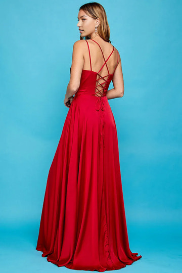 Flowy A-Line V-Neck Spaghetti-Strap Satin Bridesmaids Dress Lace-Up Slit Prom Dress