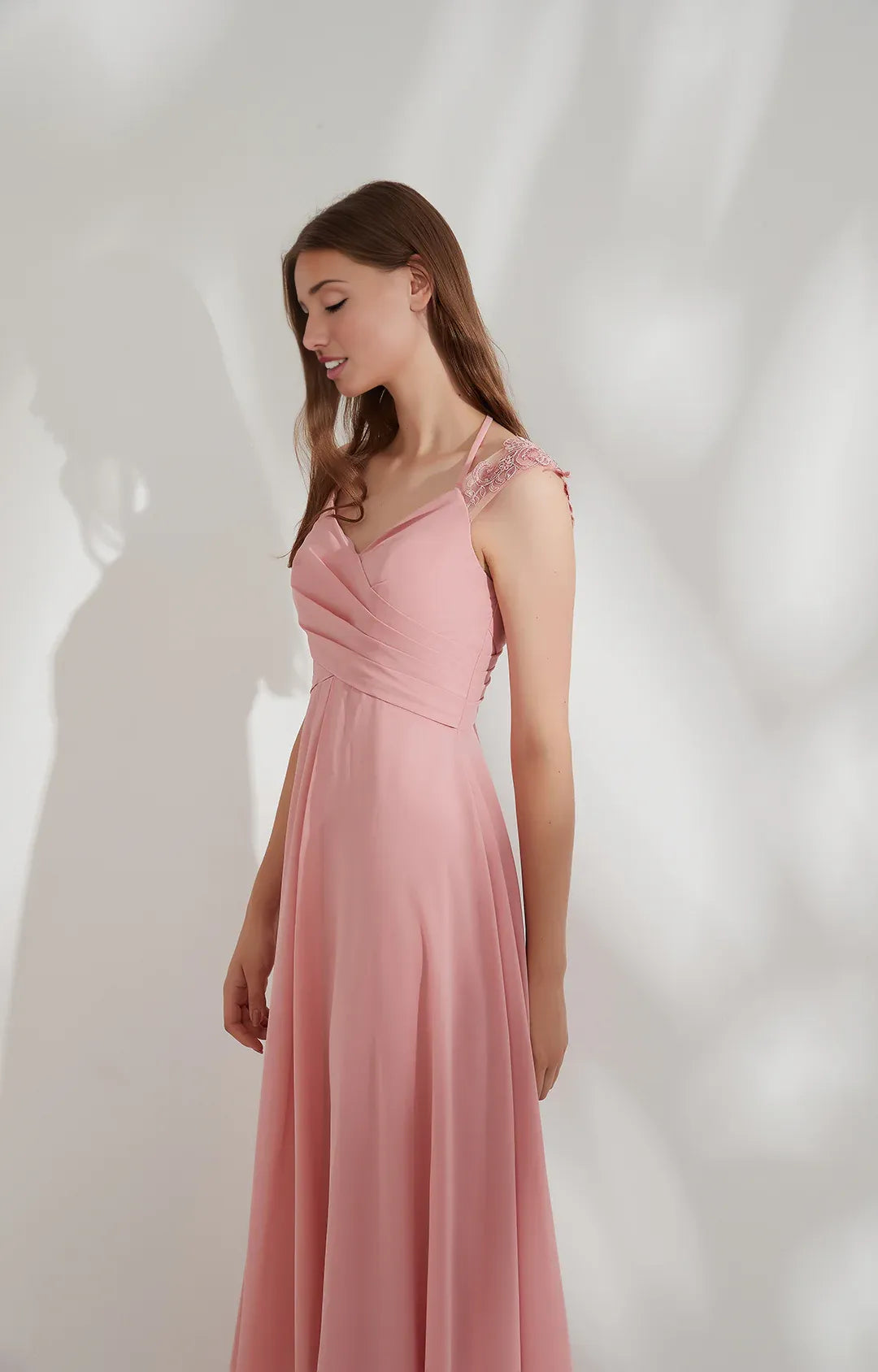 Flowy A-line V-neck Cap-sleeve Chiffon Floor-length Lace Tie-back Evening Gown