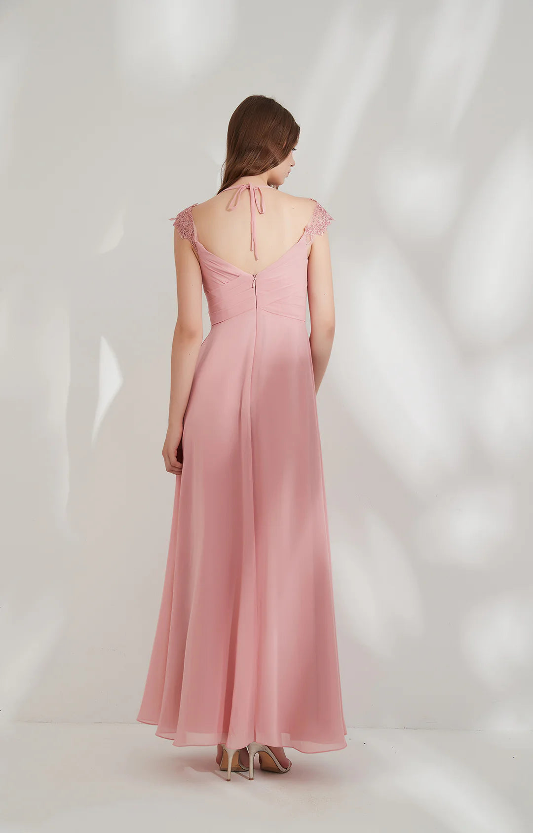Flowy A-line V-neck Cap-sleeve Chiffon Floor-length Lace Tie-back Evening Gown
