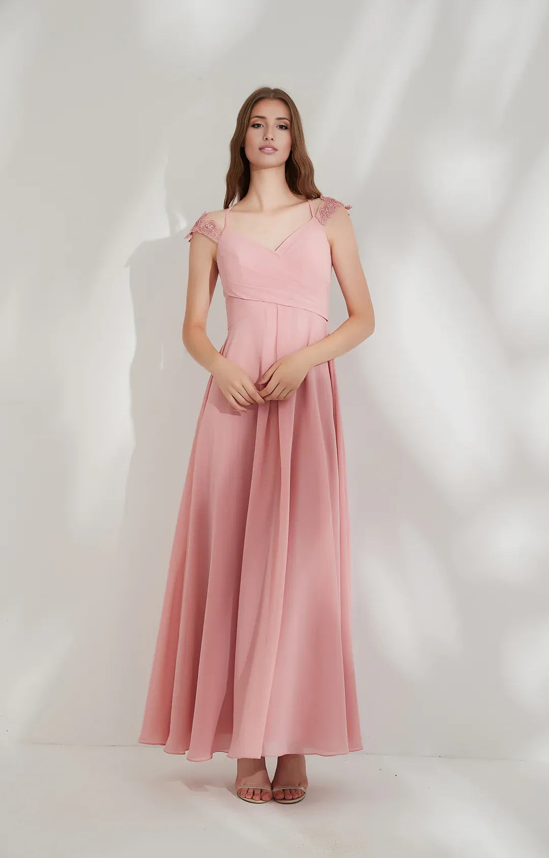 Flowy A-line V-neck Cap-sleeve Chiffon Floor-length Lace Tie-back Evening Gown