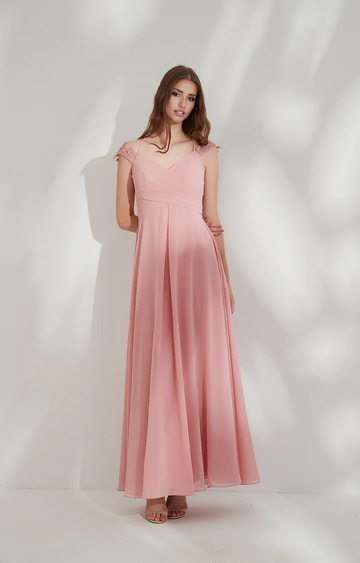 Flowy A-line V-neck Cap-sleeve Chiffon Floor-length Lace Tie-back Evening Gown
