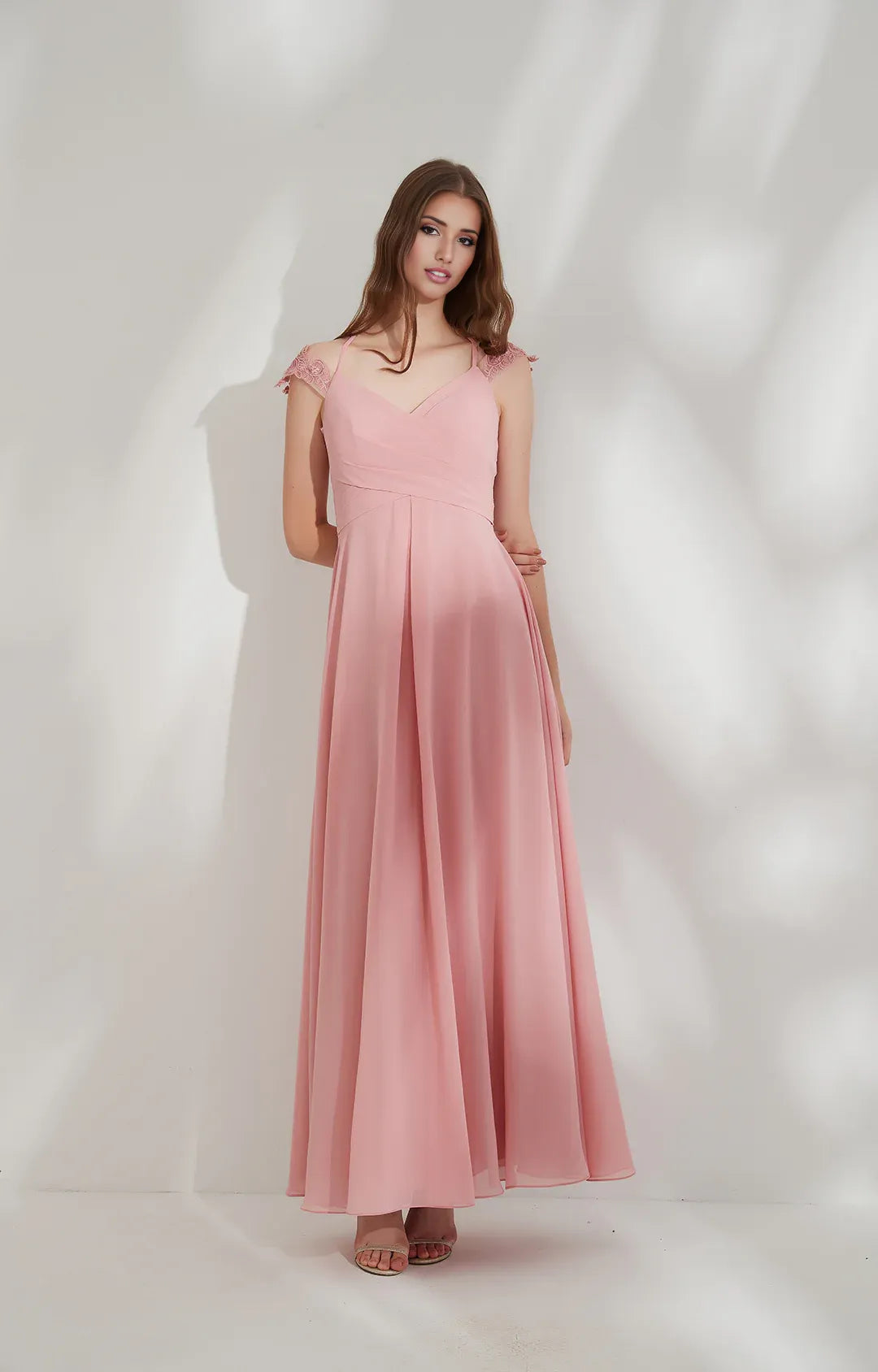 Flowy A-line V-neck Cap-sleeve Chiffon Floor-length Lace Tie-back Evening Gown