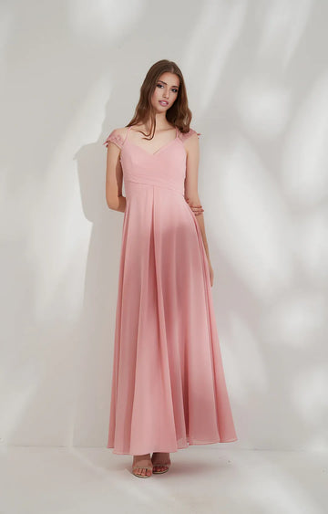 Flowy A-line V-neck Cap-sleeve Chiffon Floor-length Lace Tie-back Evening Gown