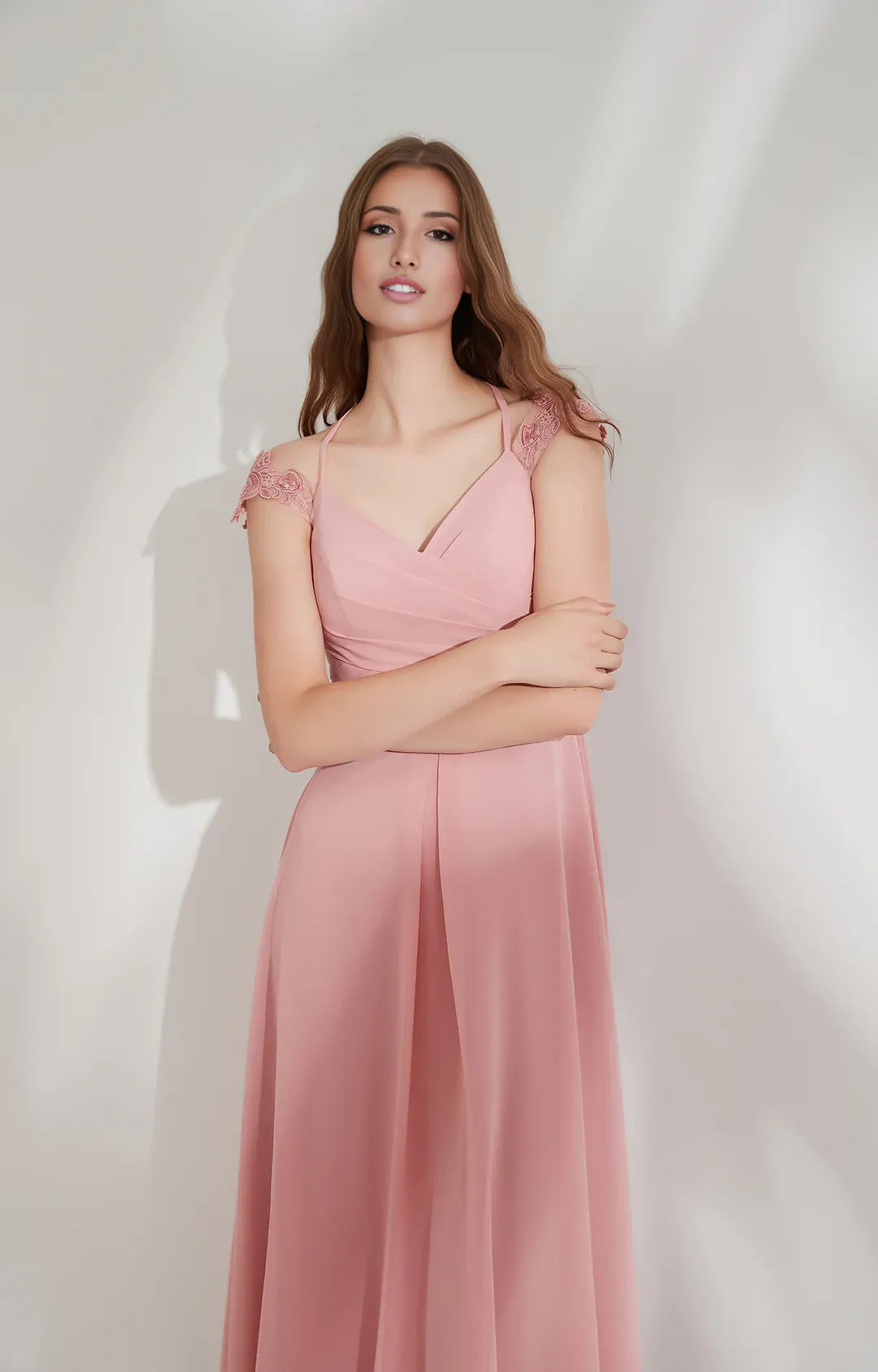 Flowy A-line V-neck Cap-sleeve Chiffon Floor-length Lace Tie-back Evening Gown
