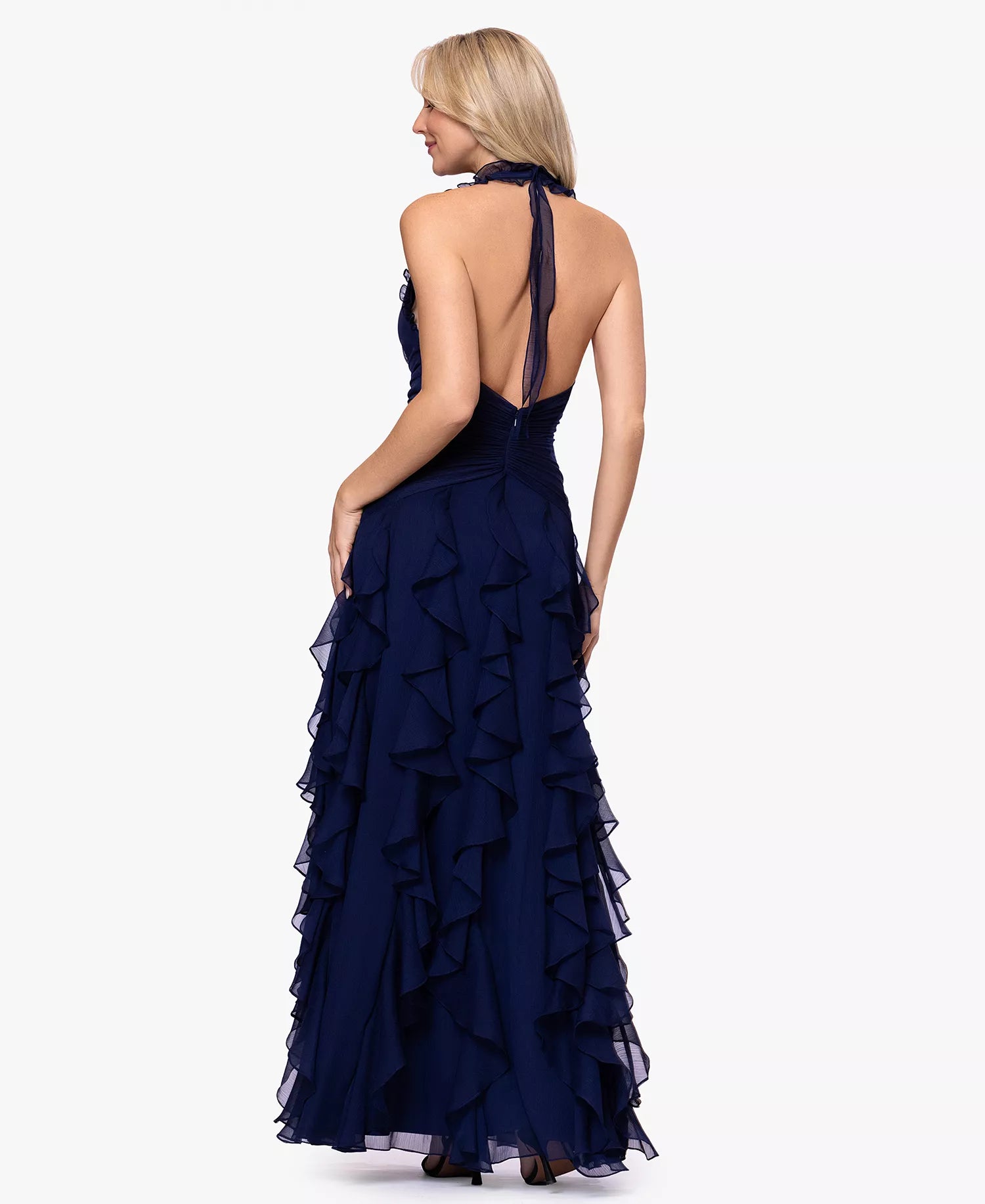 Elegant Ruched Halter Chiffon Gown with Ruffled Tiered Evening Dress