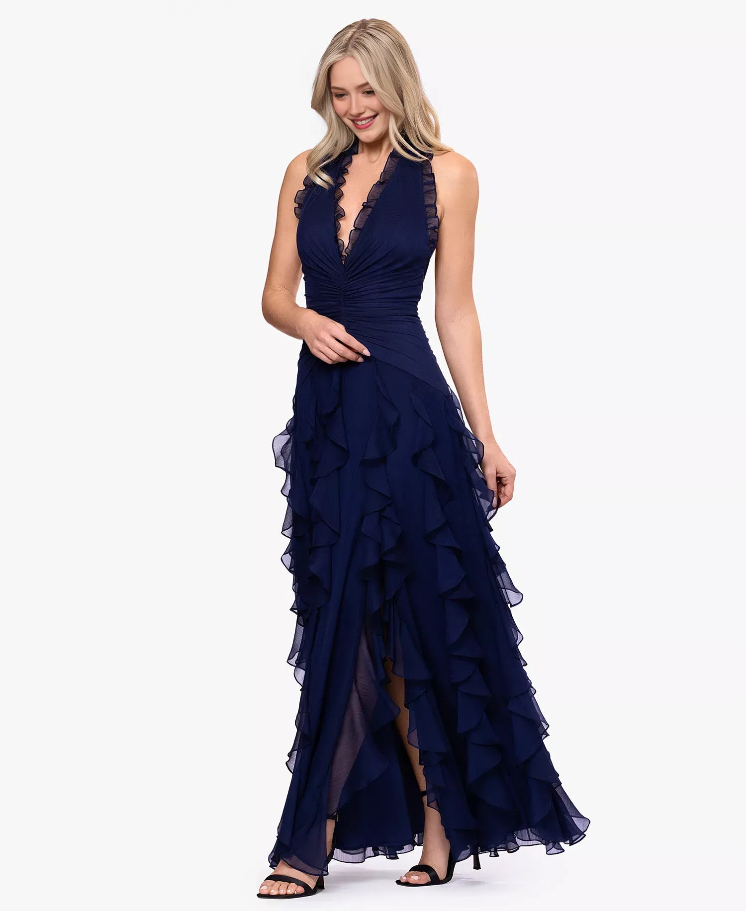 Elegant Ruched Halter Chiffon Gown with Ruffled Tiered Evening Dress