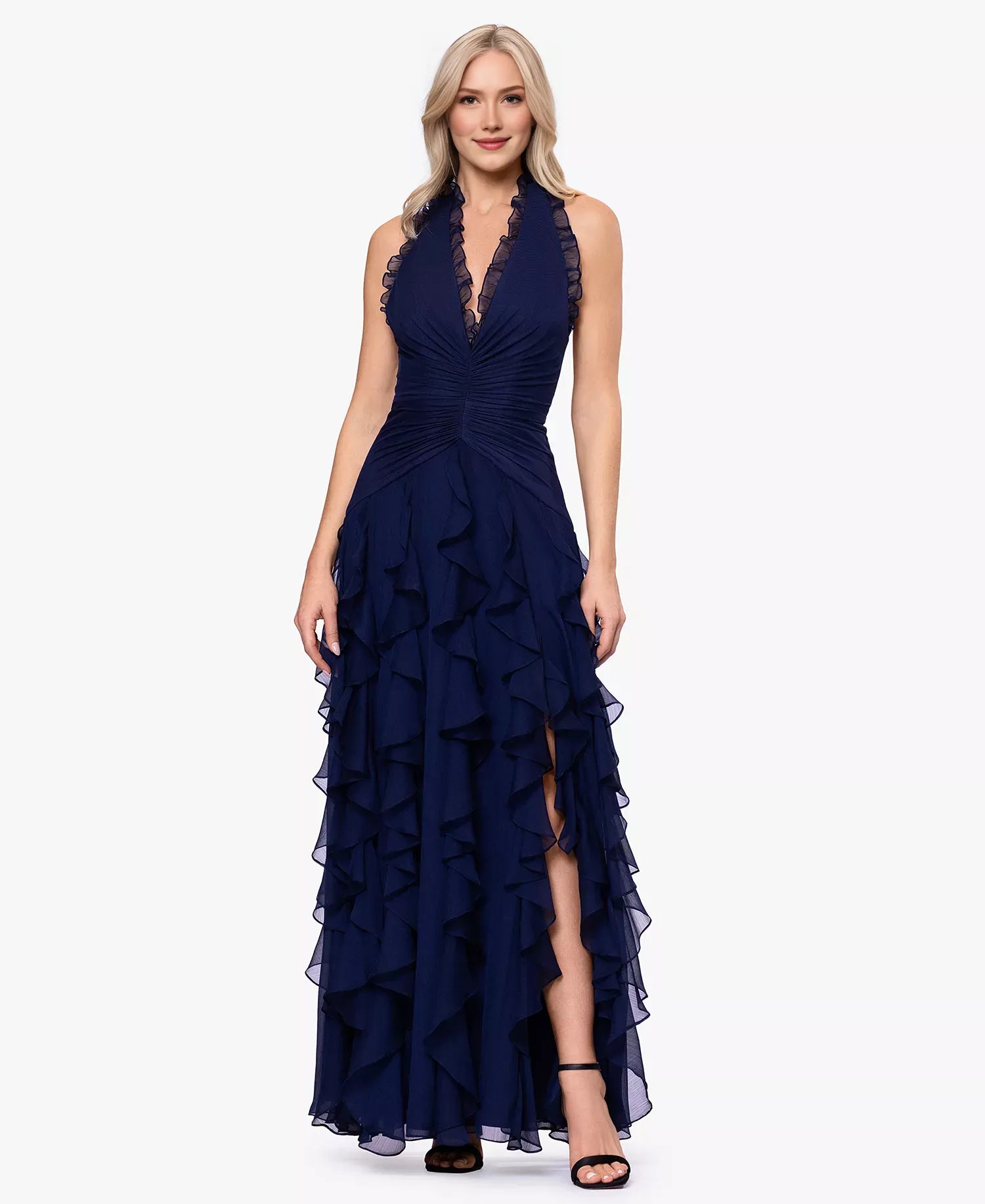 Elegant Ruched Halter Chiffon Gown with Ruffled Tiered Evening Dress