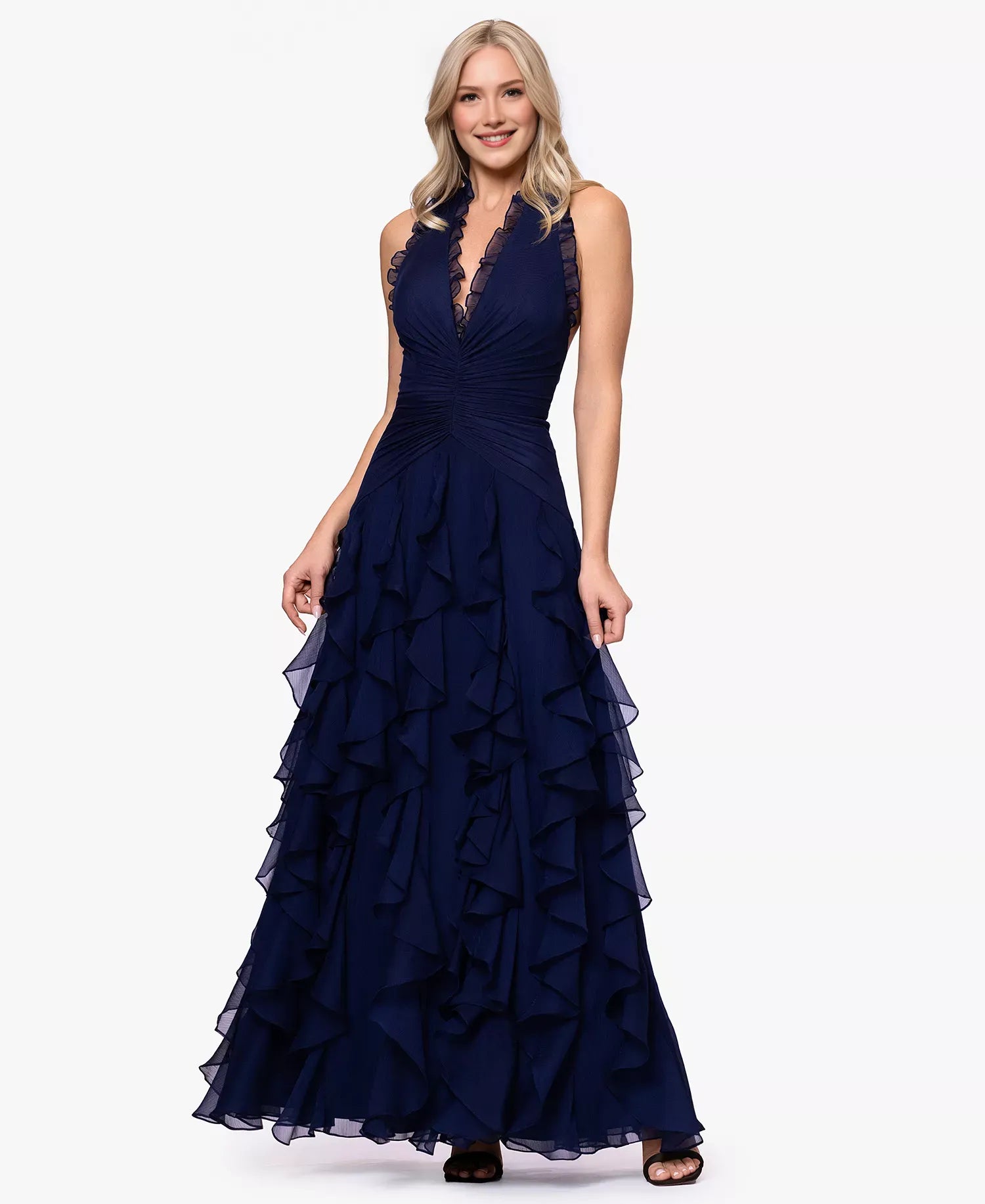 Elegant Ruched Halter Chiffon Gown with Ruffled Tiered Evening Dress