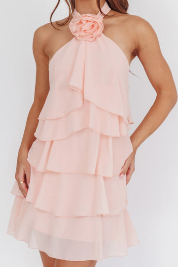 Flowy Tiered Halter Neck Sleeveless Chiffon Party Dress Mini Cocktail Dress With Rosage