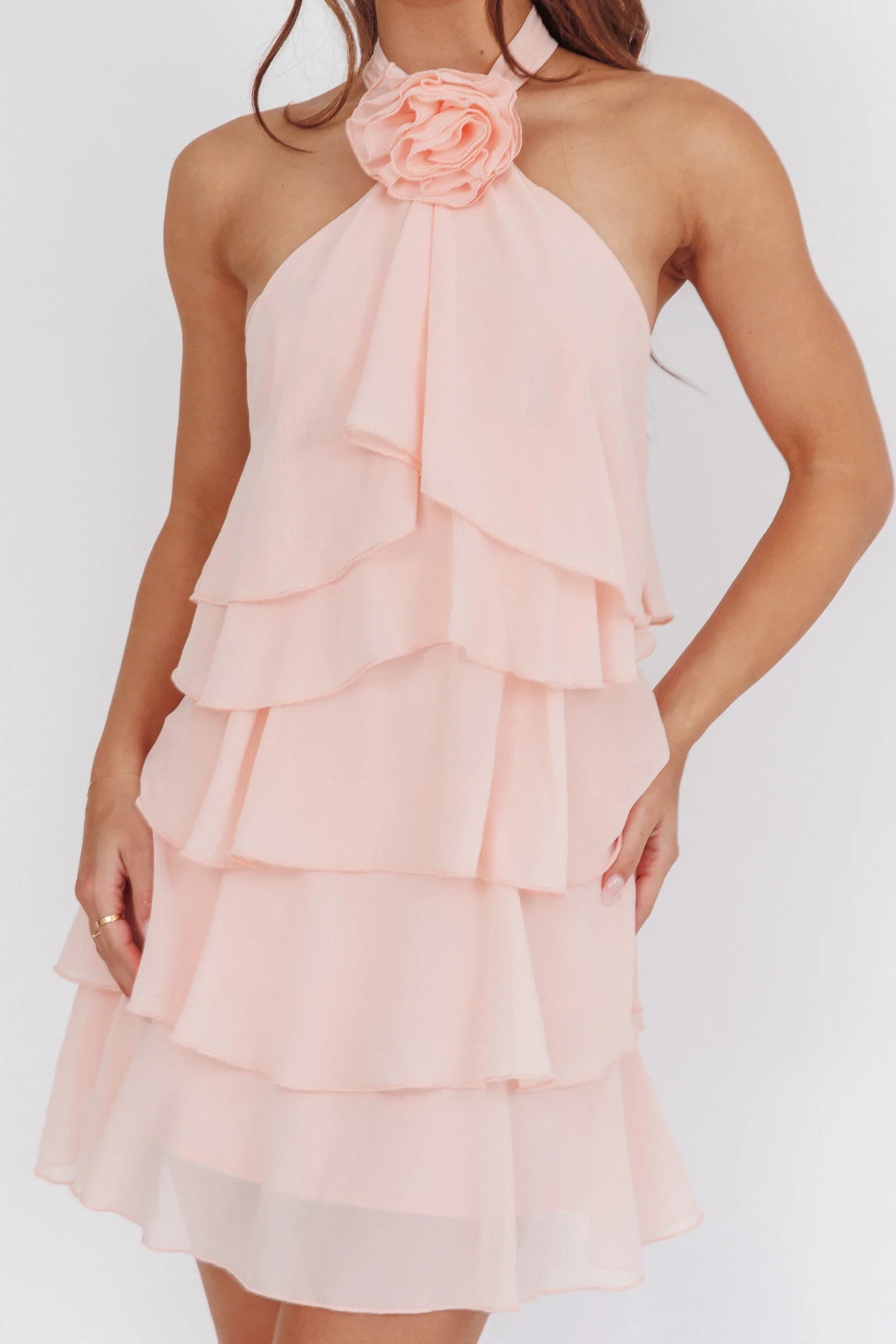 Flowy Tiered Halter Neck Sleeveless Chiffon Party Dress Mini Cocktail Dress With Rosage